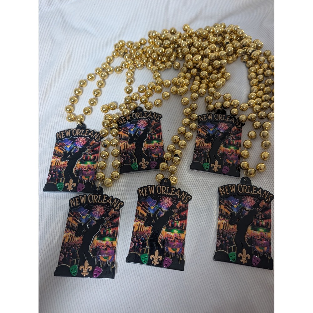 New Orleans Mardi Gras Beads Gold Jazz Medallion Necklace Lot of 6